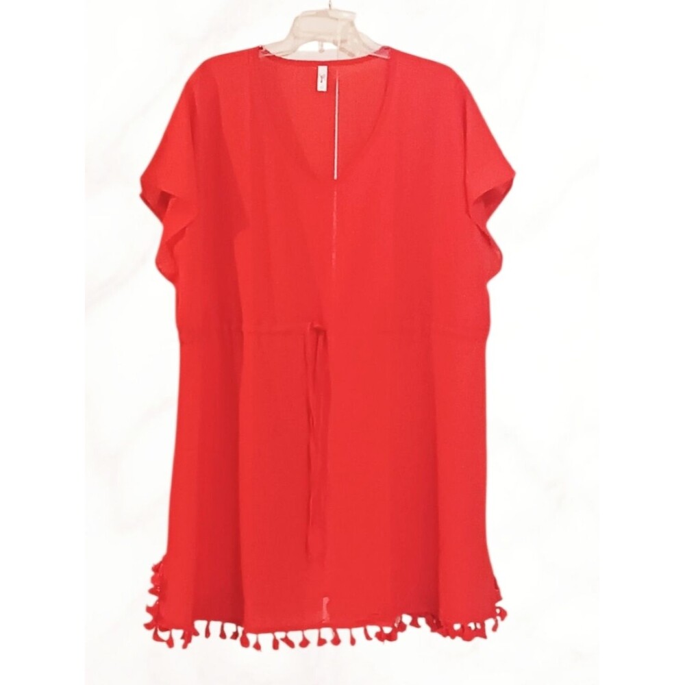 Tunic or Cover-up with Tassel Hem & Pull Tie-Waist. Orange-Red Women's 2XL